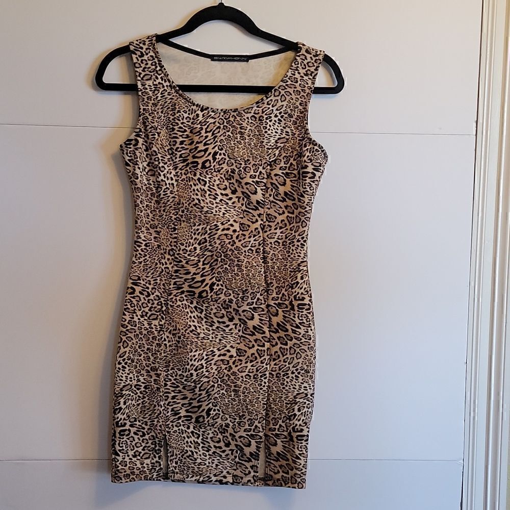 SYMPHONY Animal Print Sleeveless Scoop Neck Dress. Short with 2 Slits At Bottom.